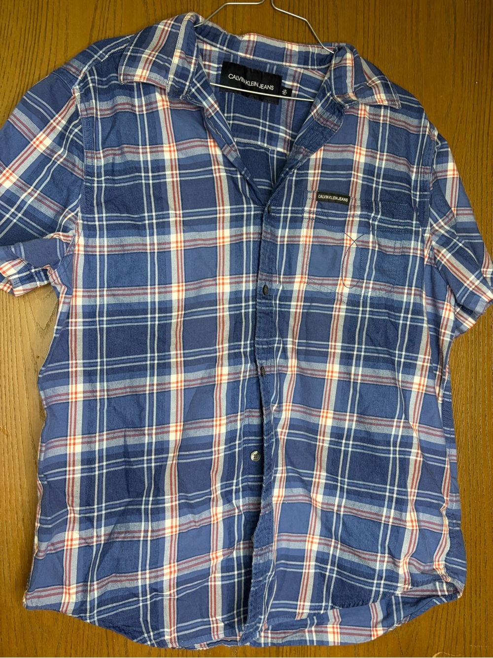 Calvin Klein Jeans Men's Blue Plaid Short-Sleeve Button-Down Shirt
